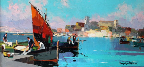 oil painting of boat with red sail